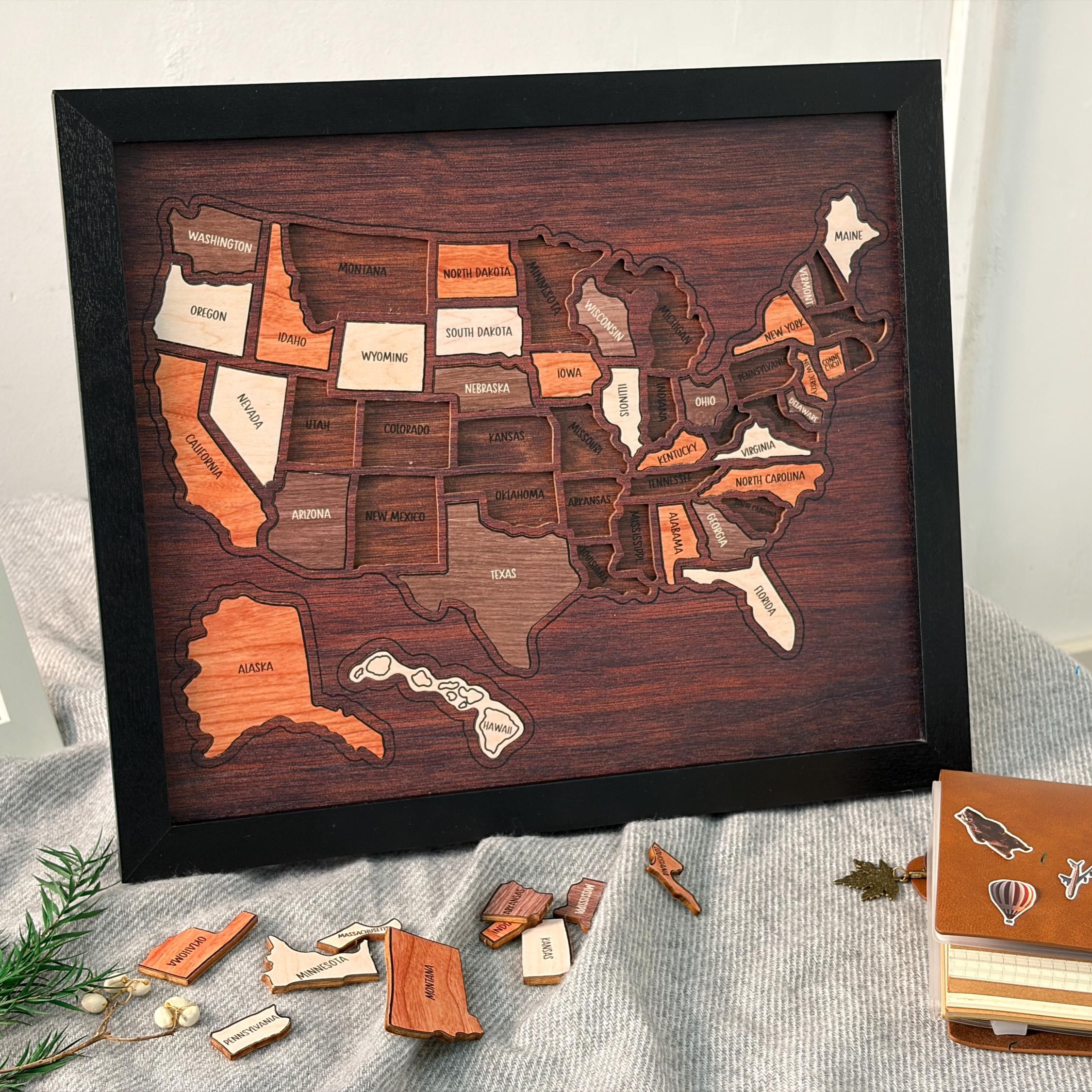 Wooden USA Travel Map Puzzle 50 States United States Puzzle Wall Decor for Home Office Record Your Journey Gift for Adults Families-Pawsmeowz
