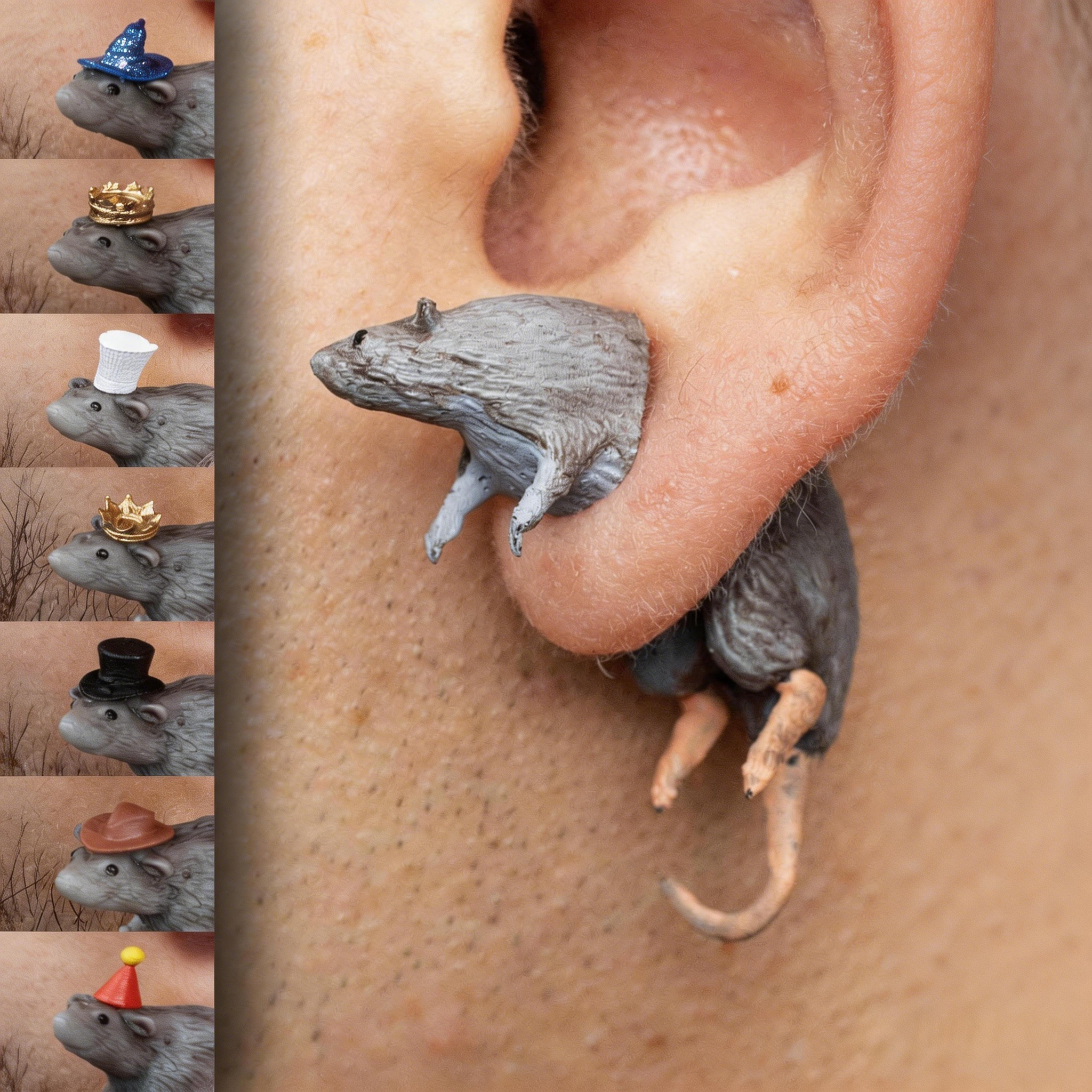 Custom Hats 3D Printed Rat Earrings Hand Painted Rat Earrings Quirky 3D Printed Studs Funny Jewelry Gifts For Her