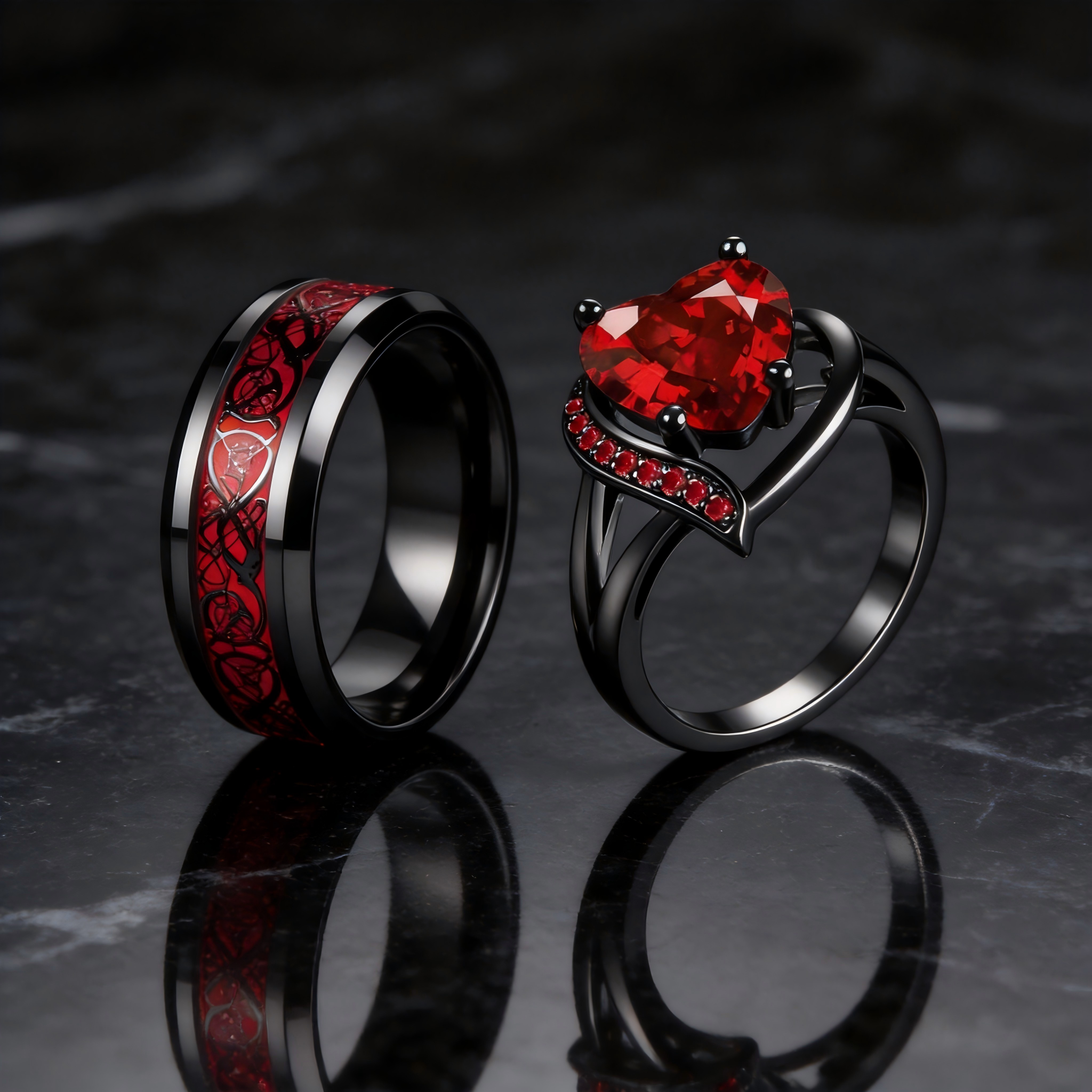 Gothic Black Plated Couple Ring Set Big Heart Red Zircon Women Ring Red Dragon Pattern Tungsten Men Band Lover Matching Jewelry