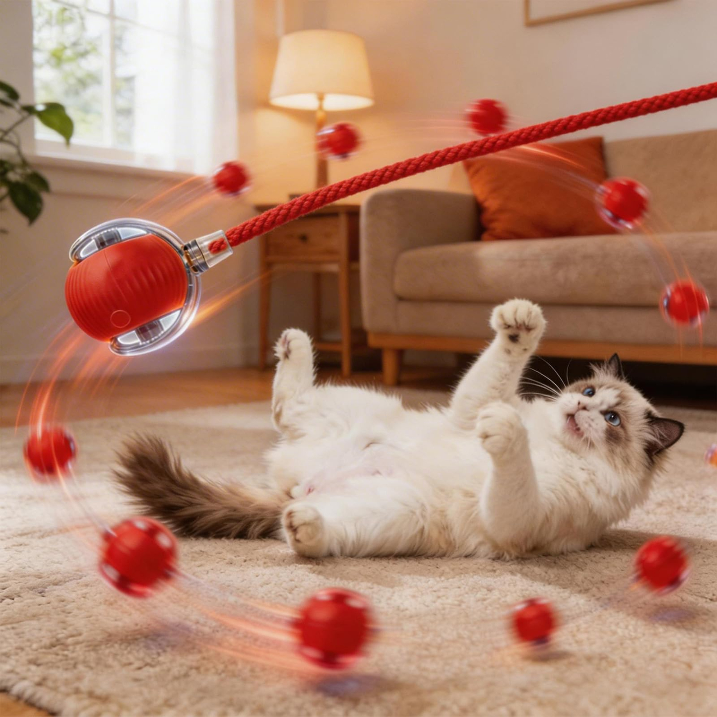 Cat Toy Ball with Tail Rope, Smart Rolling Ball, LED Light, Electric Self-Rolling Pet Toy, Interactive Cat Jumping Ball, Automatic Cat Teaser Ball, Small Dog Toy, Pet Excercise, Cat Activity