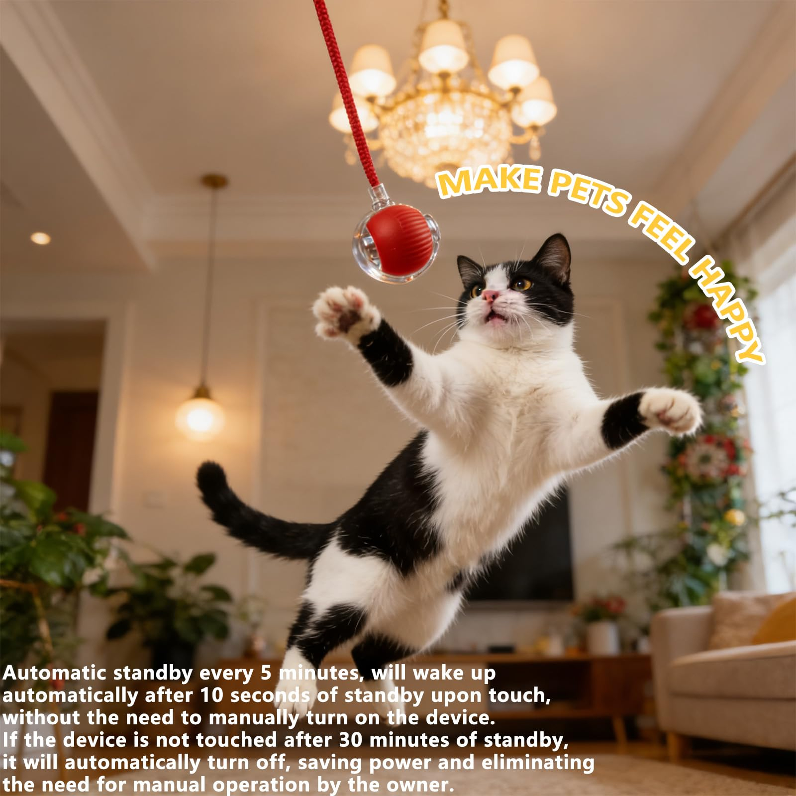 Cat Toy Ball with Tail Rope, Smart Rolling Ball, LED Light, Electric Self-Rolling Pet Toy, Interactive Cat Jumping Ball, Automatic Cat Teaser Ball, Small Dog Toy, Pet Excercise, Cat Activity