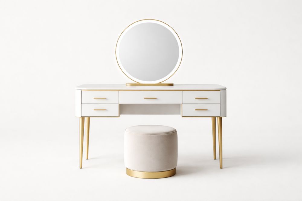 Schminktisch Set mit rundem Spiegel Weiß/Gold MDF/Edelstahl