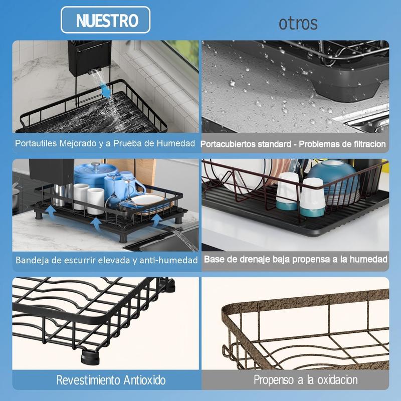 Escurridor de Platos de 2 Niveles para Cocina, Organizador Multifuncional con Portavasos y Soporte para Cubiertos, Estante de Secado con Bandeja de Drenaje Extraíble, Mantén tu Cocina Ordenada
