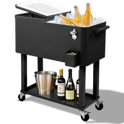 Hielera rodante para patio de 80 cuartos — Cofre para hielo con estante, ruedas y abridor de botellas — Carrito portátil para enfriar bebidas en fiestas al aire libre