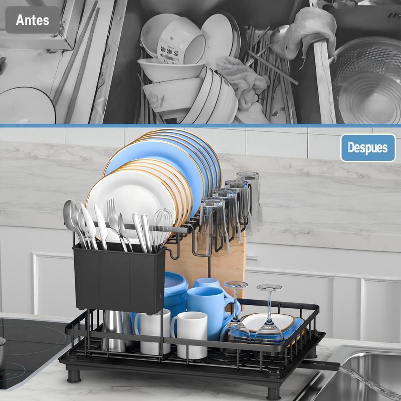 Escurridor de Platos de 2 Niveles para Cocina, Organizador Multifuncional con Portavasos y Soporte para Cubiertos, Estante de Secado con Bandeja de Drenaje Extraíble, Mantén tu Cocina Ordenada