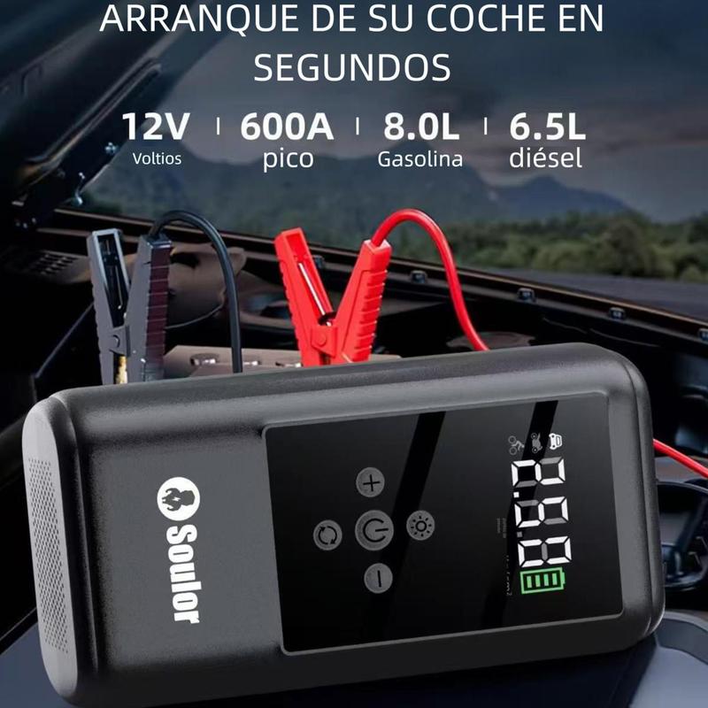 Arrancador de batería Soulor 6 en 1 1000 A con bomba de aire de 150 PSI inflador y desinflador digital de neumáticos cargador portátil para coche con puerto USB y luz LED para vehículos gasolina/diesel