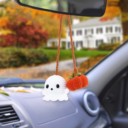 Adorno colgante de Halloween hecho a mano: Calabaza y fantasma de crochet