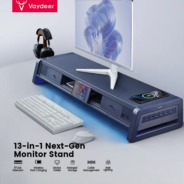 Soporte elevador doble para monitor Vaydeer de metal con 8 puertos USB, base de carga inalámbrica y organizador de escritorio con 2 compartimentos de almacenamiento, diseño ergonómico para aliviar el dolor de cuello, ideal para la oficina y el hogar, sopo