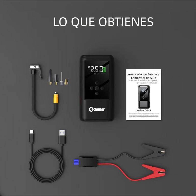 Arrancador de batería Soulor 6 en 1 1000 A con bomba de aire de 150 PSI inflador y desinflador digital de neumáticos cargador portátil para coche con puerto USB y luz LED para vehículos gasolina/diesel