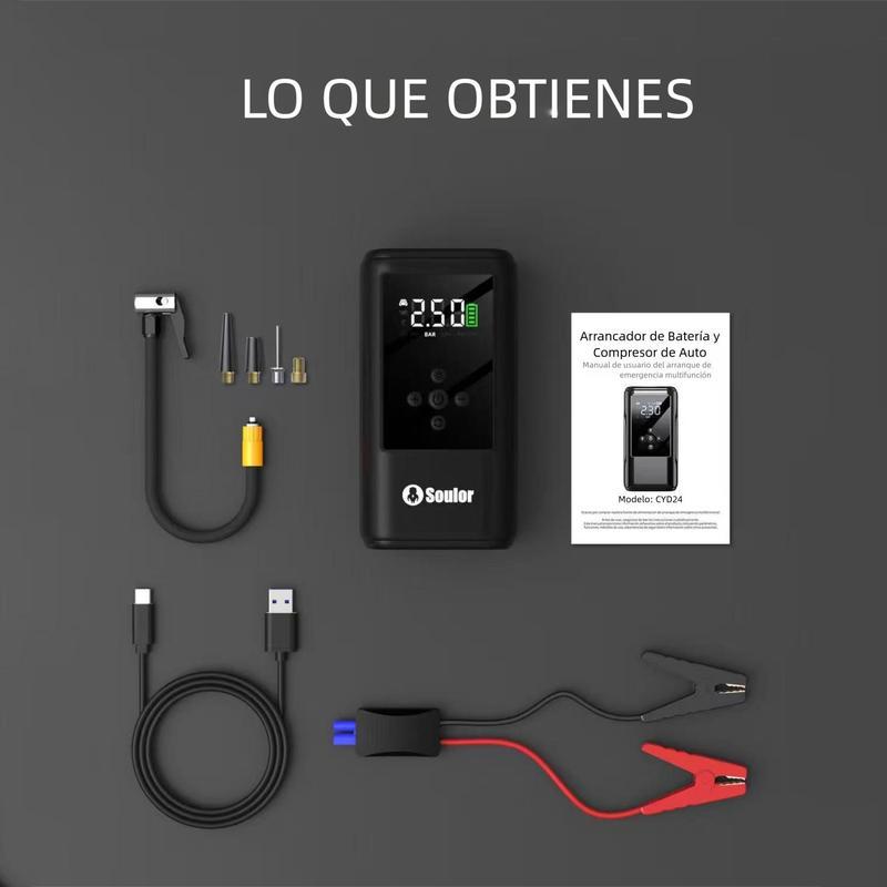 Arrancador de batería Soulor 6 en 1 1000 A con bomba de aire de 150 PSI inflador y desinflador digital de neumáticos cargador portátil para coche con puerto USB y luz LED para vehículos gasolina/diesel