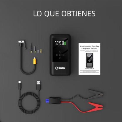 Arrancador de batería Soulor 6 en 1 1000 A con bomba de aire de 150 PSI inflador y desinflador digital de neumáticos cargador portátil para coche con puerto USB y luz LED para vehículos gasolina/diesel