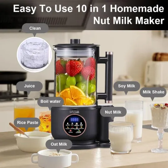 Máquina para hacer leche de frutos secos, 10 en 1, automática, para preparar leche de soja, almendras, avena, coco, etc., multifunción, temporizador de 12 horas, limpieza automática, temperatura ambiente, conservación del calor, ebullición, temperatura am