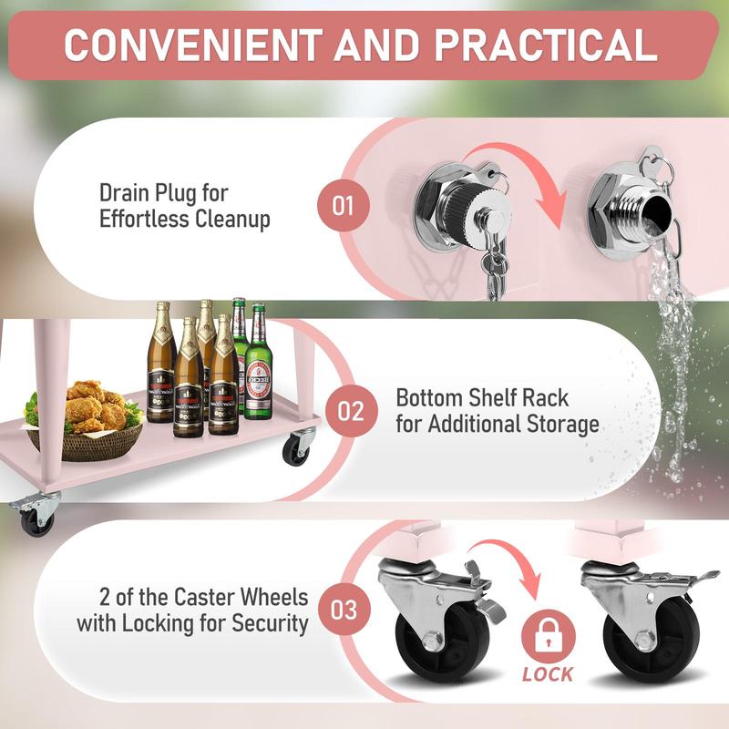 Hielera rodante para patio de 80 cuartos — Cofre para hielo con estante, ruedas y abridor de botellas — Carrito portátil para enfriar bebidas en fiestas al aire libre