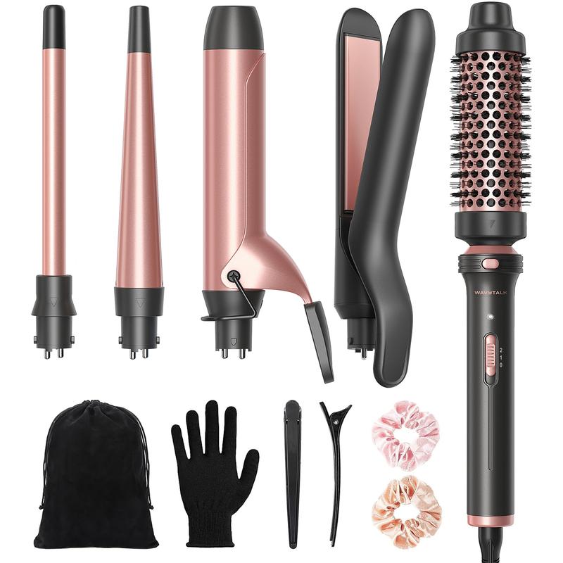 Multi Curl, 5 en 1 Ceramic Curling Wand, rizador de pelo de calentamiento rápido de 1/2 a 1 1/2 pulgadas y cepillo térmico, rizador de pelo de doble voltaje