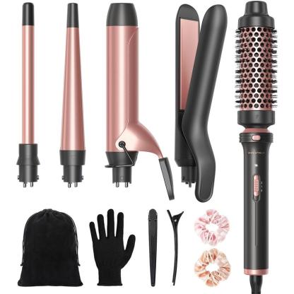 Multi Curl, 5 en 1 Ceramic Curling Wand, rizador de pelo de calentamiento rápido de 1/2 a 1 1/2 pulgadas y cepillo térmico, rizador de pelo de doble voltaje