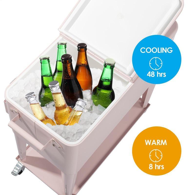 Hielera rodante para patio de 80 cuartos — Cofre para hielo con estante, ruedas y abridor de botellas — Carrito portátil para enfriar bebidas en fiestas al aire libre