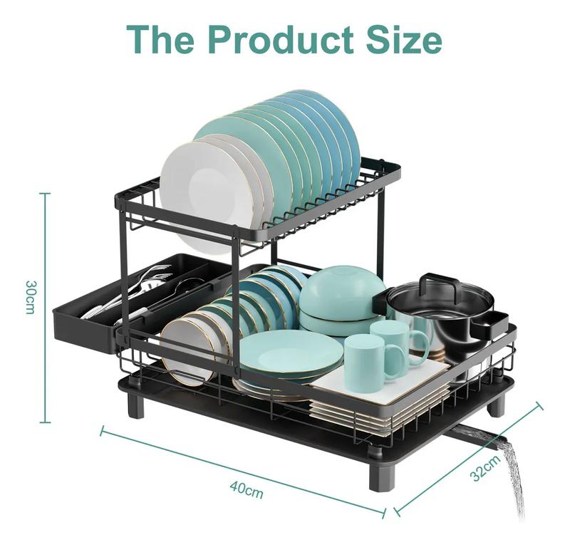 Escurridor de Platos de 2 Niveles para Cocina, Organizador Multifuncional con Portavasos y Soporte para Cubiertos, Estante de Secado con Bandeja de Drenaje Extraíble, Mantén tu Cocina Ordenada