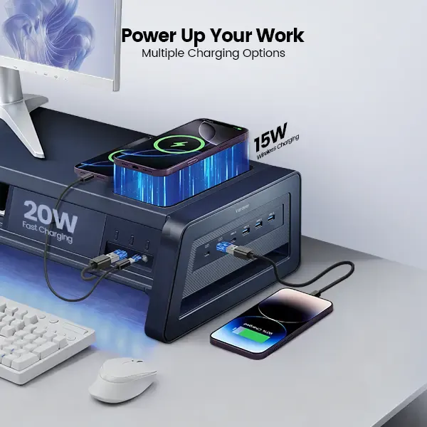 Soporte elevador doble para monitor Vaydeer de metal con 8 puertos USB, base de carga inalámbrica y organizador de escritorio con 2 compartimentos de almacenamiento, diseño ergonómico para aliviar el dolor de cuello, ideal para la oficina y el hogar, sopo