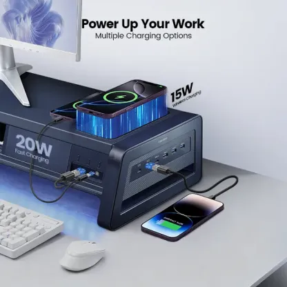 Soporte elevador doble para monitor Vaydeer de metal con 8 puertos USB, base de carga inalámbrica y organizador de escritorio con 2 compartimentos de almacenamiento, diseño ergonómico para aliviar el dolor de cuello, ideal para la oficina y el hogar, sopo