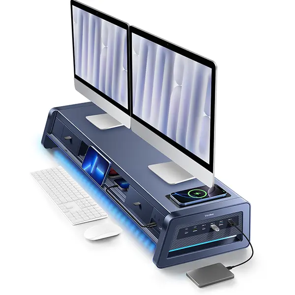 Soporte elevador doble para monitor Vaydeer de metal con 8 puertos USB, base de carga inalámbrica y organizador de escritorio con 2 compartimentos de almacenamiento, diseño ergonómico para aliviar el dolor de cuello, ideal para la oficina y el hogar, sopo