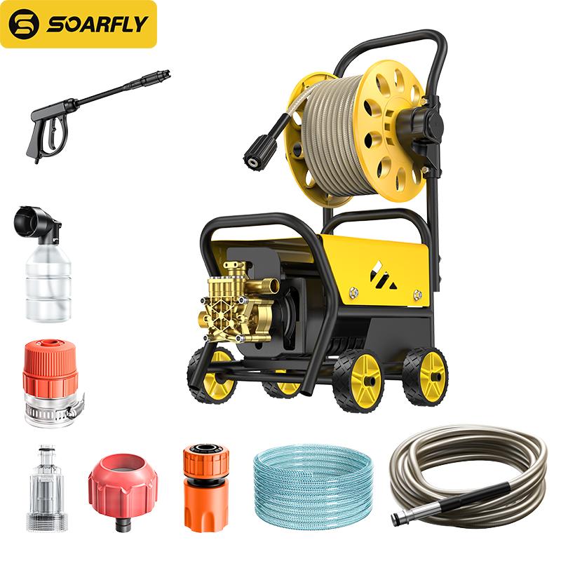 SOARFLY 4200W Hidrolavadora Electrica Portátil profesional de alta presión, 5000PSI, 60 Hz, es un equipo portátil de alto rendimiento para lavar vehículos, adecuado para uso industrial, comercial y doméstico.