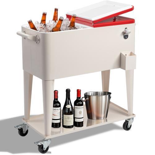 Hielera rodante para patio de 80 cuartos — Cofre para hielo con estante, ruedas y abridor de botellas — Carrito portátil para enfriar bebidas en fiestas al aire libre