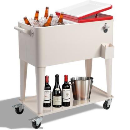 Hielera rodante para patio de 80 cuartos — Cofre para hielo con estante, ruedas y abridor de botellas — Carrito portátil para enfriar bebidas en fiestas al aire libre