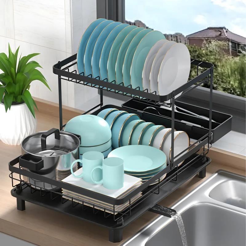 Escurridor de Platos de 2 Niveles para Cocina, Organizador Multifuncional con Portavasos y Soporte para Cubiertos, Estante de Secado con Bandeja de Drenaje Extraíble, Mantén tu Cocina Ordenada