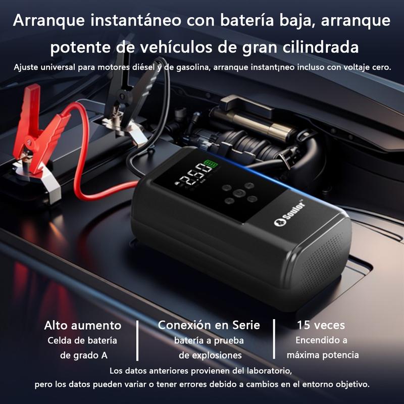 Arrancador de batería Soulor 6 en 1 1000 A con bomba de aire de 150 PSI inflador y desinflador digital de neumáticos cargador portátil para coche con puerto USB y luz LED para vehículos gasolina/diesel