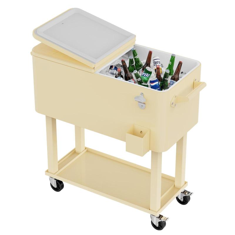 Hielera rodante para patio de 80 cuartos — Cofre para hielo con estante, ruedas y abridor de botellas — Carrito portátil para enfriar bebidas en fiestas al aire libre