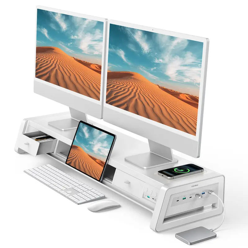 Soporte elevador doble para monitor Vaydeer de metal con 8 puertos USB, base de carga inalámbrica y organizador de escritorio con 2 compartimentos de almacenamiento, diseño ergonómico para aliviar el dolor de cuello, ideal para la oficina y el hogar, sopo