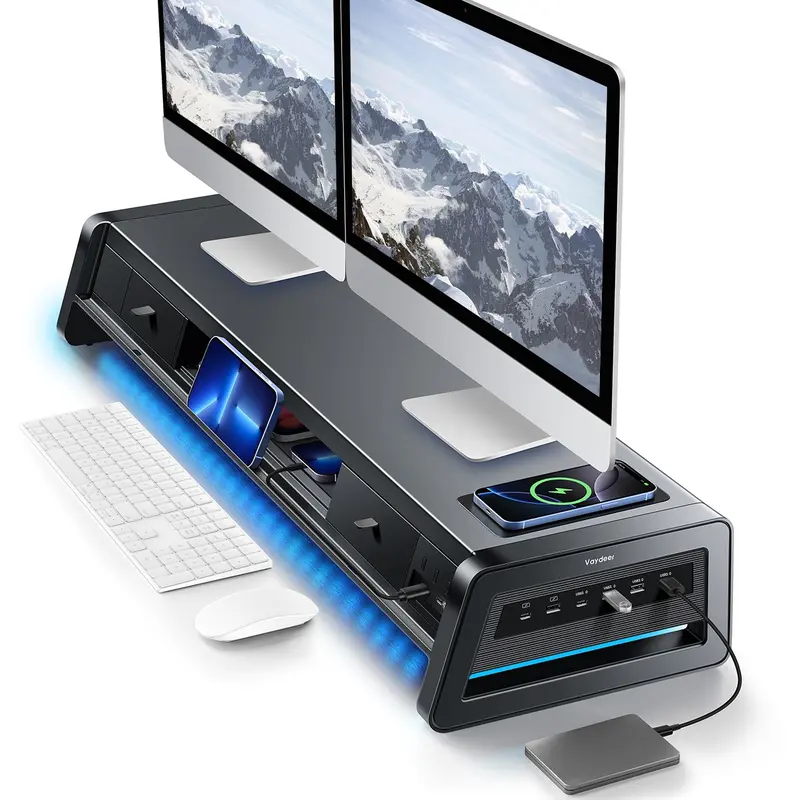 Soporte elevador doble para monitor Vaydeer de metal con 8 puertos USB, base de carga inalámbrica y organizador de escritorio con 2 compartimentos de almacenamiento, diseño ergonómico para aliviar el dolor de cuello, ideal para la oficina y el hogar, sopo