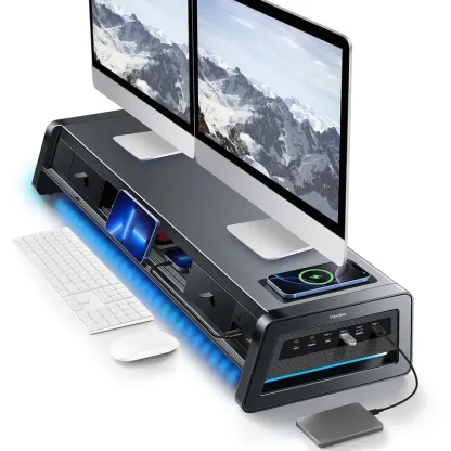 Soporte elevador doble para monitor Vaydeer de metal con 8 puertos USB, base de carga inalámbrica y organizador de escritorio con 2 compartimentos de almacenamiento, diseño ergonómico para aliviar el dolor de cuello, ideal para la oficina y el hogar, sopo