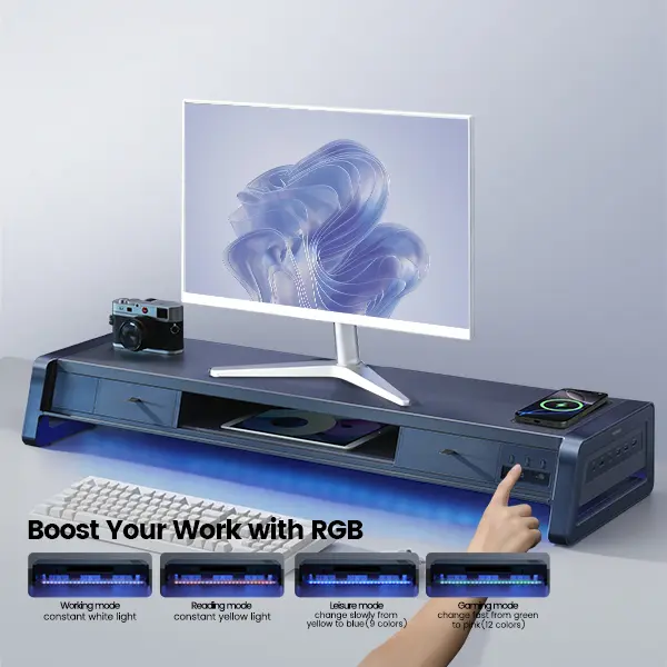 Soporte elevador doble para monitor Vaydeer de metal con 8 puertos USB, base de carga inalámbrica y organizador de escritorio con 2 compartimentos de almacenamiento, diseño ergonómico para aliviar el dolor de cuello, ideal para la oficina y el hogar, sopo