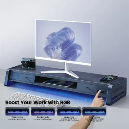 Soporte elevador doble para monitor Vaydeer de metal con 8 puertos USB, base de carga inalámbrica y organizador de escritorio con 2 compartimentos de almacenamiento, diseño ergonómico para aliviar el dolor de cuello, ideal para la oficina y el hogar, sopo