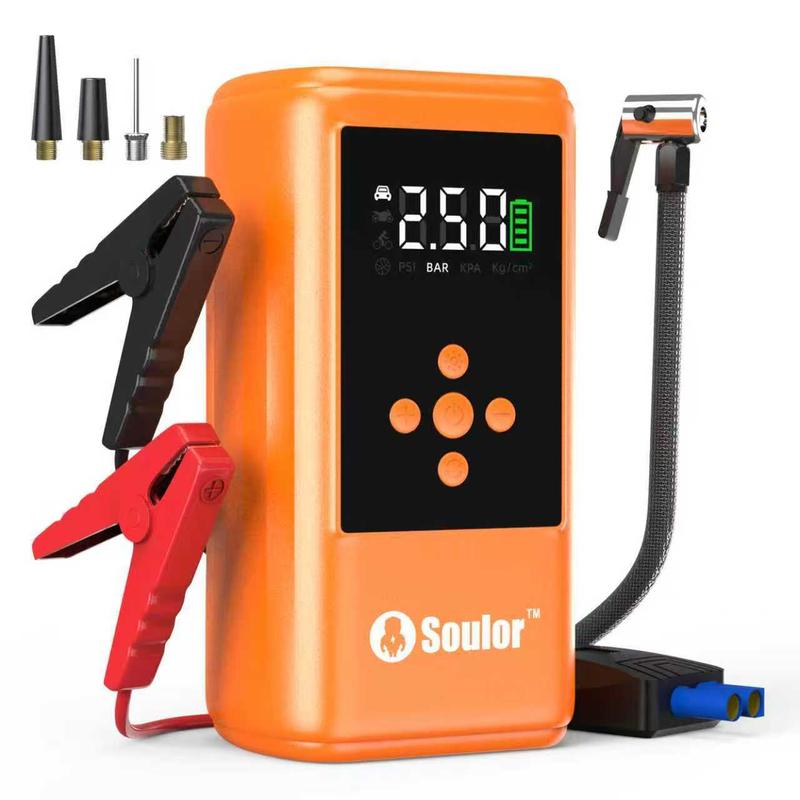 Arrancador de batería Soulor 6 en 1 1000 A con bomba de aire de 150 PSI inflador y desinflador digital de neumáticos cargador portátil para coche con puerto USB y luz LED para vehículos gasolina/diesel