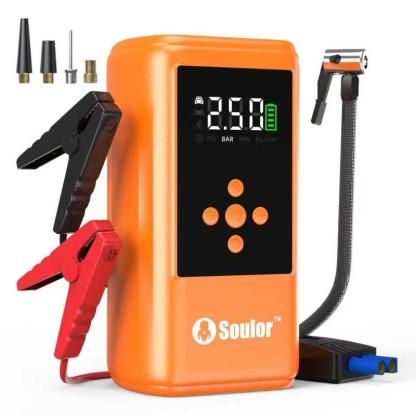 Arrancador de batería Soulor 6 en 1 1000 A con bomba de aire de 150 PSI inflador y desinflador digital de neumáticos cargador portátil para coche con puerto USB y luz LED para vehículos gasolina/diesel