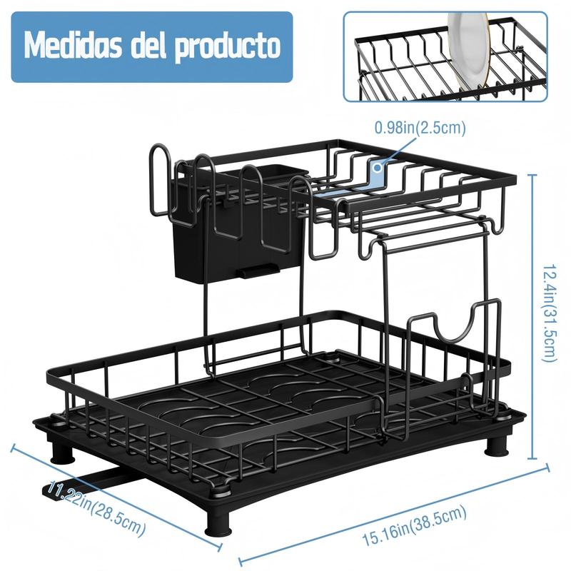 Escurridor de Platos de 2 Niveles para Cocina, Organizador Multifuncional con Portavasos y Soporte para Cubiertos, Estante de Secado con Bandeja de Drenaje Extraíble, Mantén tu Cocina Ordenada