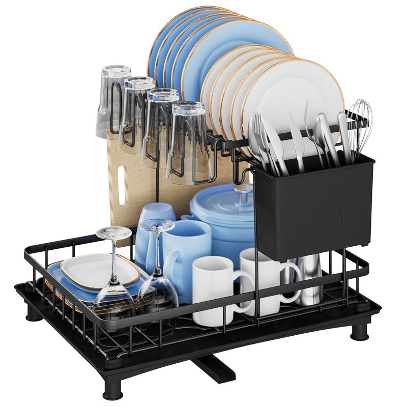 Escurridor de Platos de 2 Niveles para Cocina, Organizador Multifuncional con Portavasos y Soporte para Cubiertos, Estante de Secado con Bandeja de Drenaje Extraíble, Mantén tu Cocina Ordenada