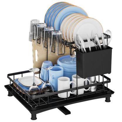 Escurridor de Platos de 2 Niveles para Cocina, Organizador Multifuncional con Portavasos y Soporte para Cubiertos, Estante de Secado con Bandeja de Drenaje Extraíble, Mantén tu Cocina Ordenada