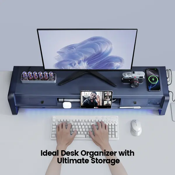 Soporte elevador doble para monitor Vaydeer de metal con 8 puertos USB, base de carga inalámbrica y organizador de escritorio con 2 compartimentos de almacenamiento, diseño ergonómico para aliviar el dolor de cuello, ideal para la oficina y el hogar, sopo