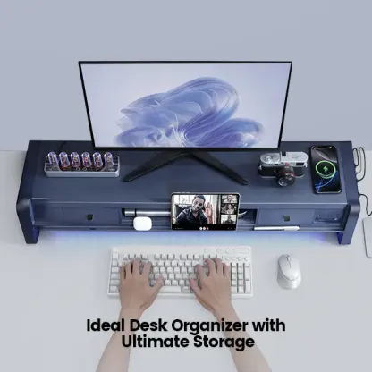 Soporte elevador doble para monitor Vaydeer de metal con 8 puertos USB, base de carga inalámbrica y organizador de escritorio con 2 compartimentos de almacenamiento, diseño ergonómico para aliviar el dolor de cuello, ideal para la oficina y el hogar, sopo