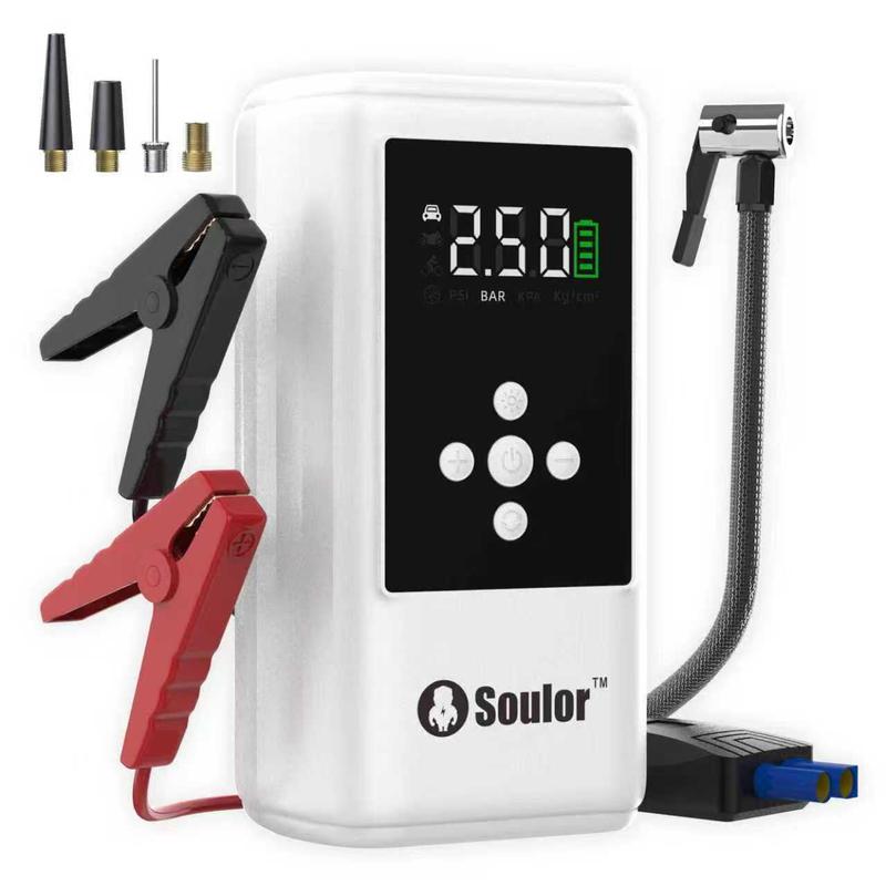 Arrancador de batería Soulor 6 en 1 1000 A con bomba de aire de 150 PSI inflador y desinflador digital de neumáticos cargador portátil para coche con puerto USB y luz LED para vehículos gasolina/diesel