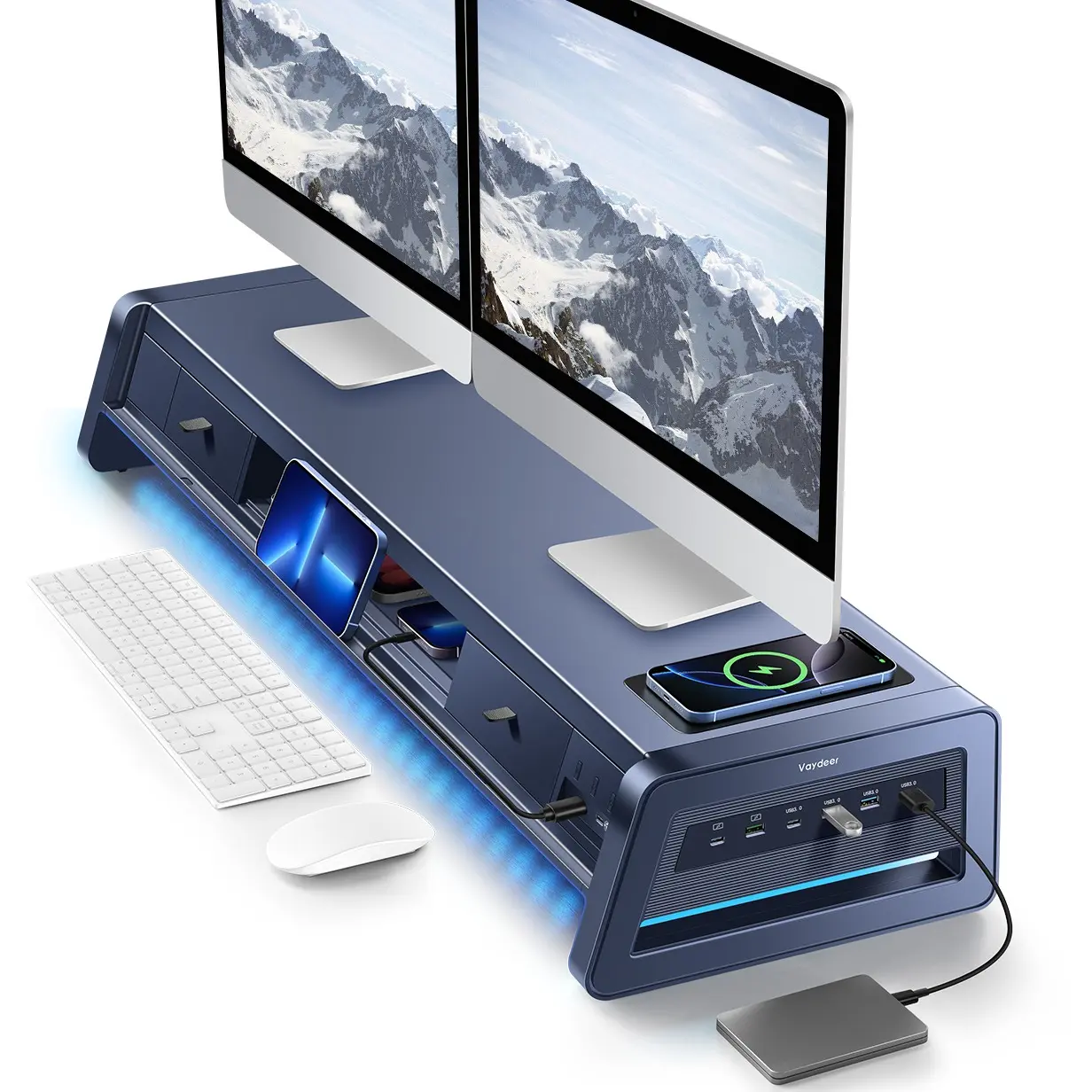 Soporte elevador doble para monitor Vaydeer de metal con 8 puertos USB, base de carga inalámbrica y organizador de escritorio con 2 compartimentos de almacenamiento, diseño ergonómico para aliviar el dolor de cuello, ideal para la oficina y el hogar, sopo