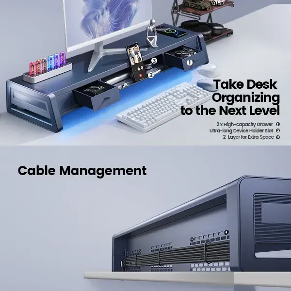 Soporte elevador doble para monitor Vaydeer de metal con 8 puertos USB, base de carga inalámbrica y organizador de escritorio con 2 compartimentos de almacenamiento, diseño ergonómico para aliviar el dolor de cuello, ideal para la oficina y el hogar, sopo