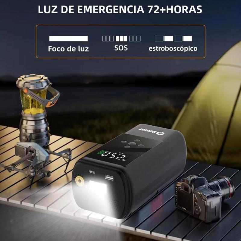 Arrancador de batería Soulor 6 en 1 1000 A con bomba de aire de 150 PSI inflador y desinflador digital de neumáticos cargador portátil para coche con puerto USB y luz LED para vehículos gasolina/diesel