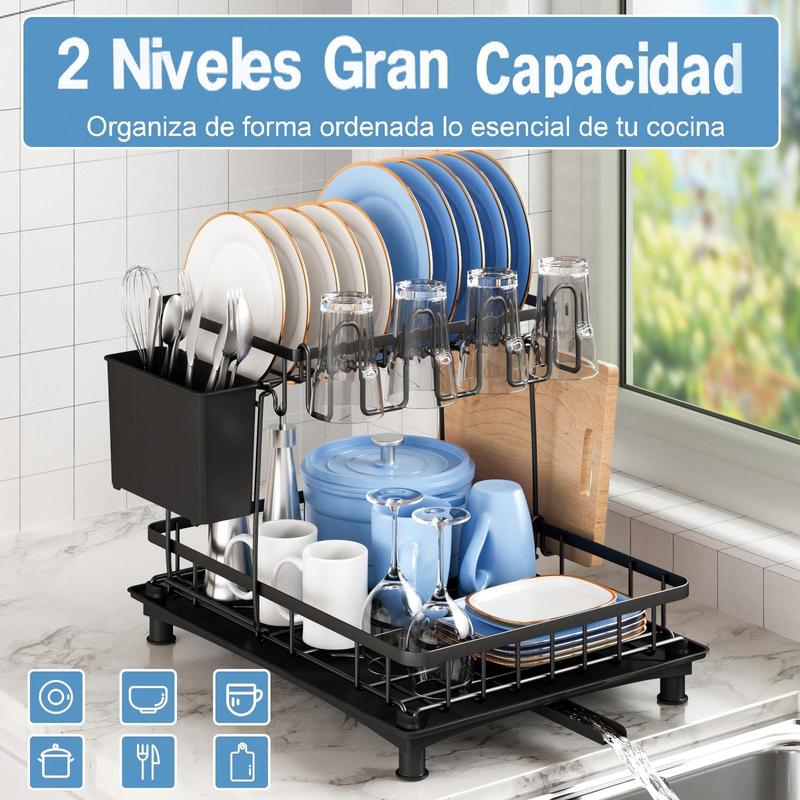 Escurridor de Platos de 2 Niveles para Cocina, Organizador Multifuncional con Portavasos y Soporte para Cubiertos, Estante de Secado con Bandeja de Drenaje Extraíble, Mantén tu Cocina Ordenada