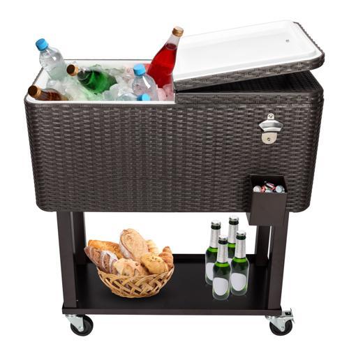 Hielera rodante para patio de 80 cuartos — Cofre para hielo con estante, ruedas y abridor de botellas — Carrito portátil para enfriar bebidas en fiestas al aire libre