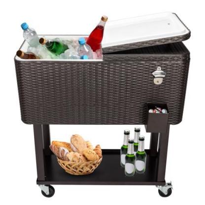 Hielera rodante para patio de 80 cuartos — Cofre para hielo con estante, ruedas y abridor de botellas — Carrito portátil para enfriar bebidas en fiestas al aire libre
