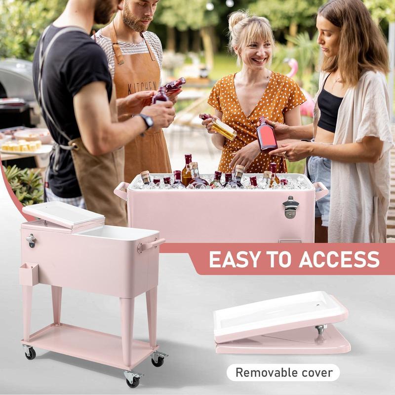 Hielera rodante para patio de 80 cuartos — Cofre para hielo con estante, ruedas y abridor de botellas — Carrito portátil para enfriar bebidas en fiestas al aire libre